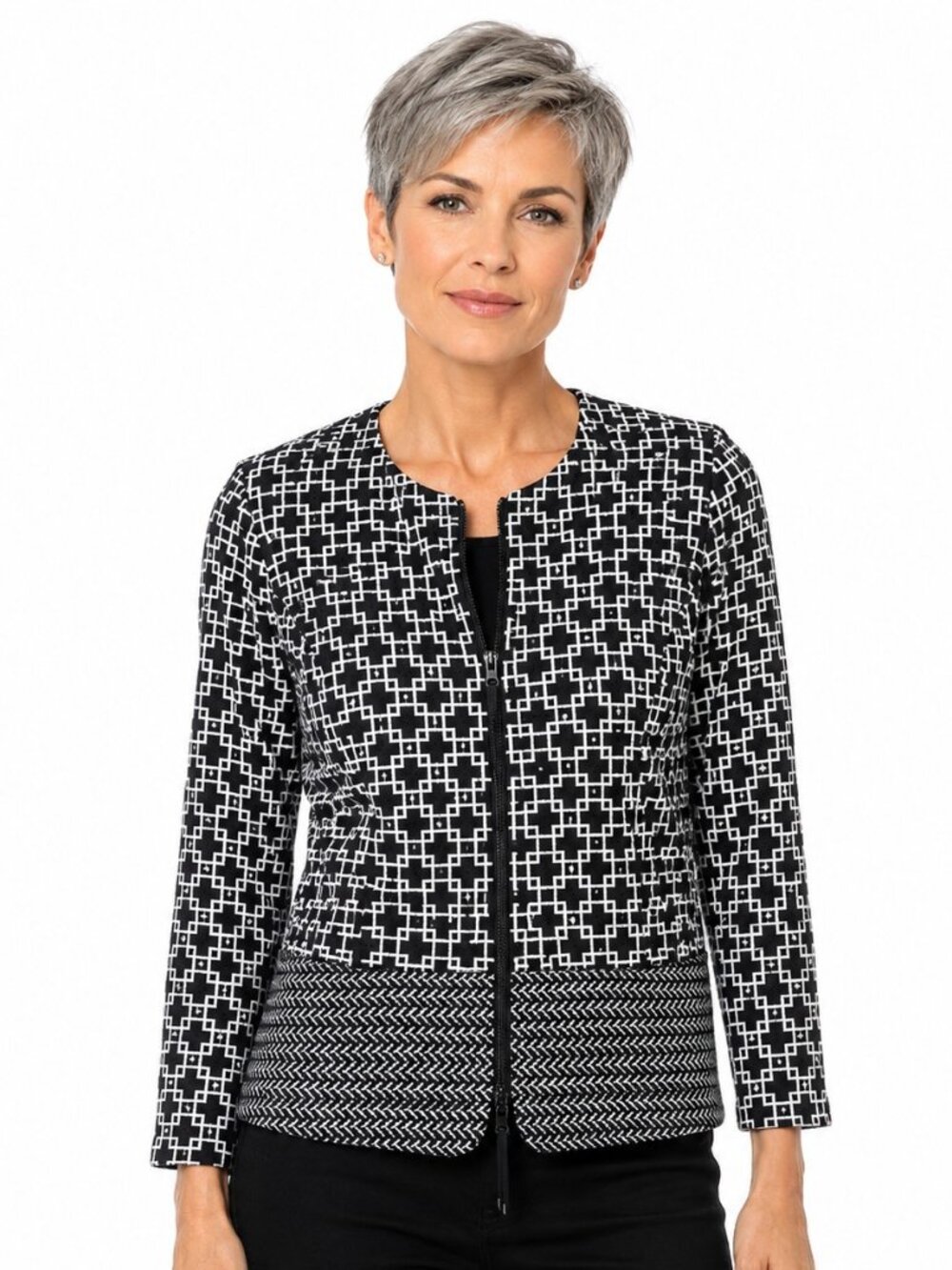 Adrianna Papell Black White Print Cotton Zip Front Jacket